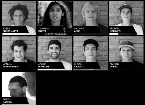 Les skateboarders du team DC Shoes Europe : Josef Scott Jatta, Thaynan Costa, Madars Apse, Michael Sommer, Manuel Margreiter, Javier Paredes, Bruno Aballay, Antony Lopez, Ruben Garcia :