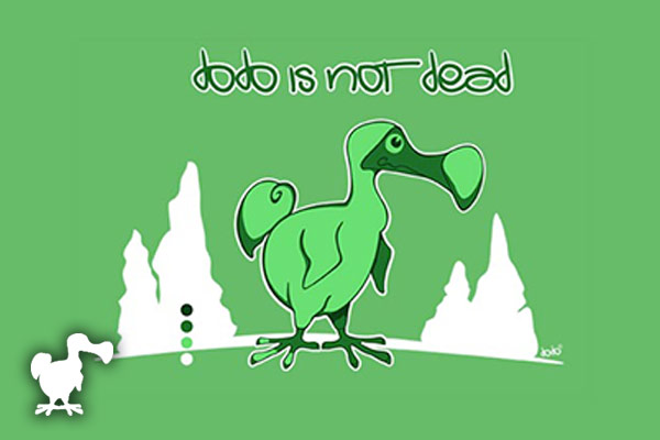 Visuel avec un dodo sur fond vert avec écrit "Dodo is not dead"
