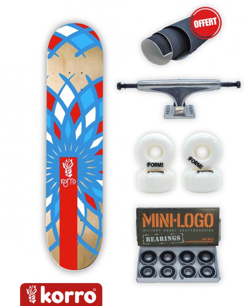 Ce pack comprend : une board, une paire de trucks Tensor, un pack de roues Form, des roulements Mini Logo, de la visserie et un gris Jessup offert