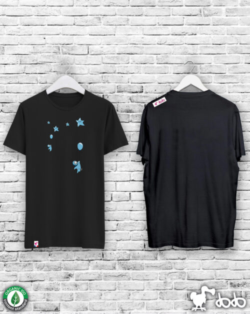 T-shirt noir de face et de dos avec dessin bleu minimaliste